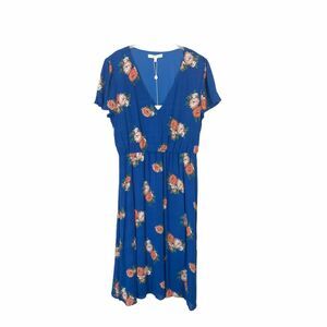 Wayf Floral Dress Women's Blue Orange V Neck Short Sleeve Wedding Party XXL NWT